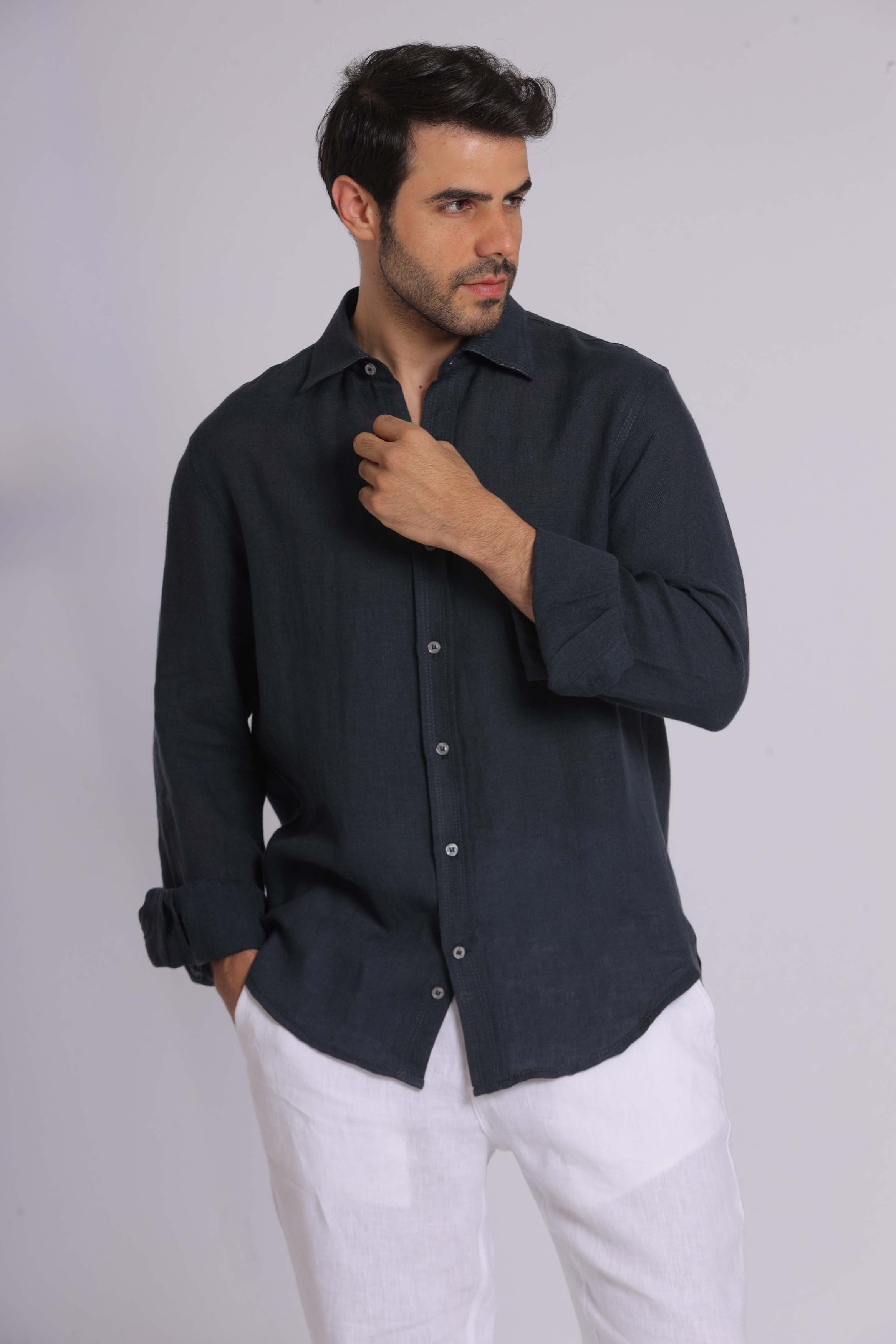 Navy Linen Long Sleeve Shirt