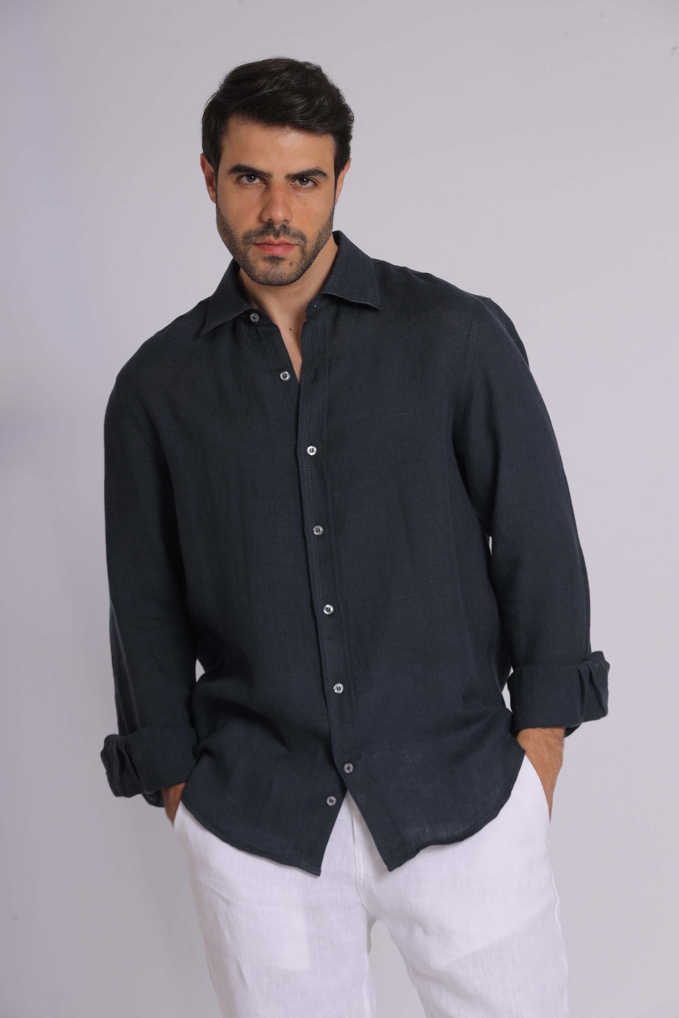 Navy Linen Long Sleeve Shirt