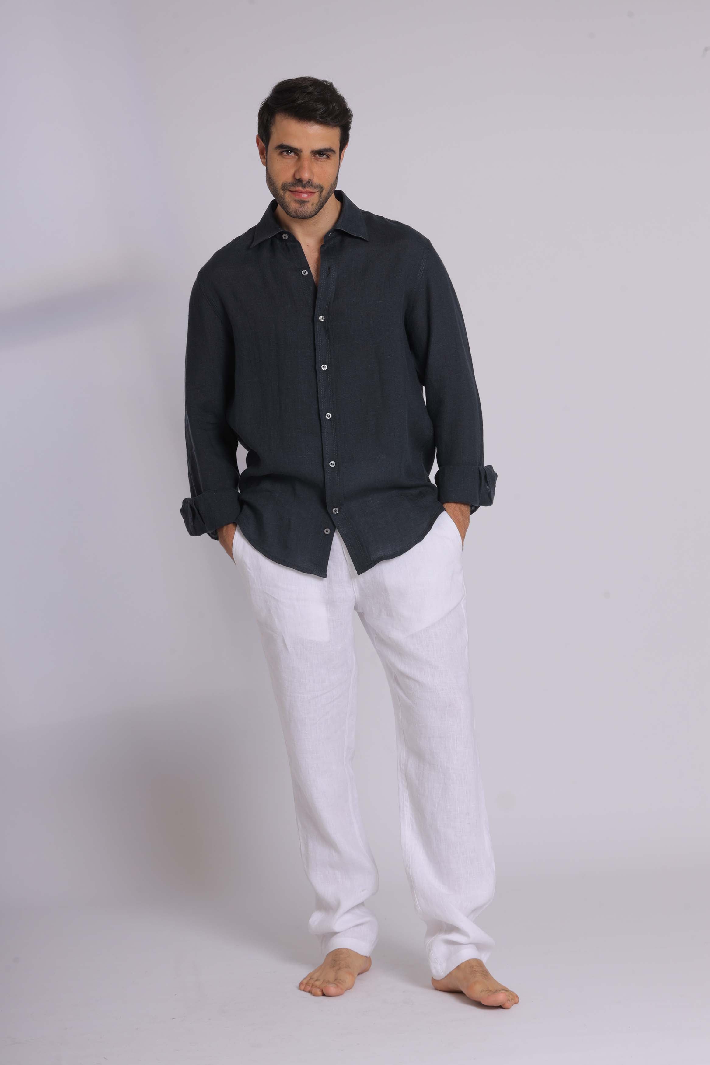 Navy Linen Long Sleeve Shirt