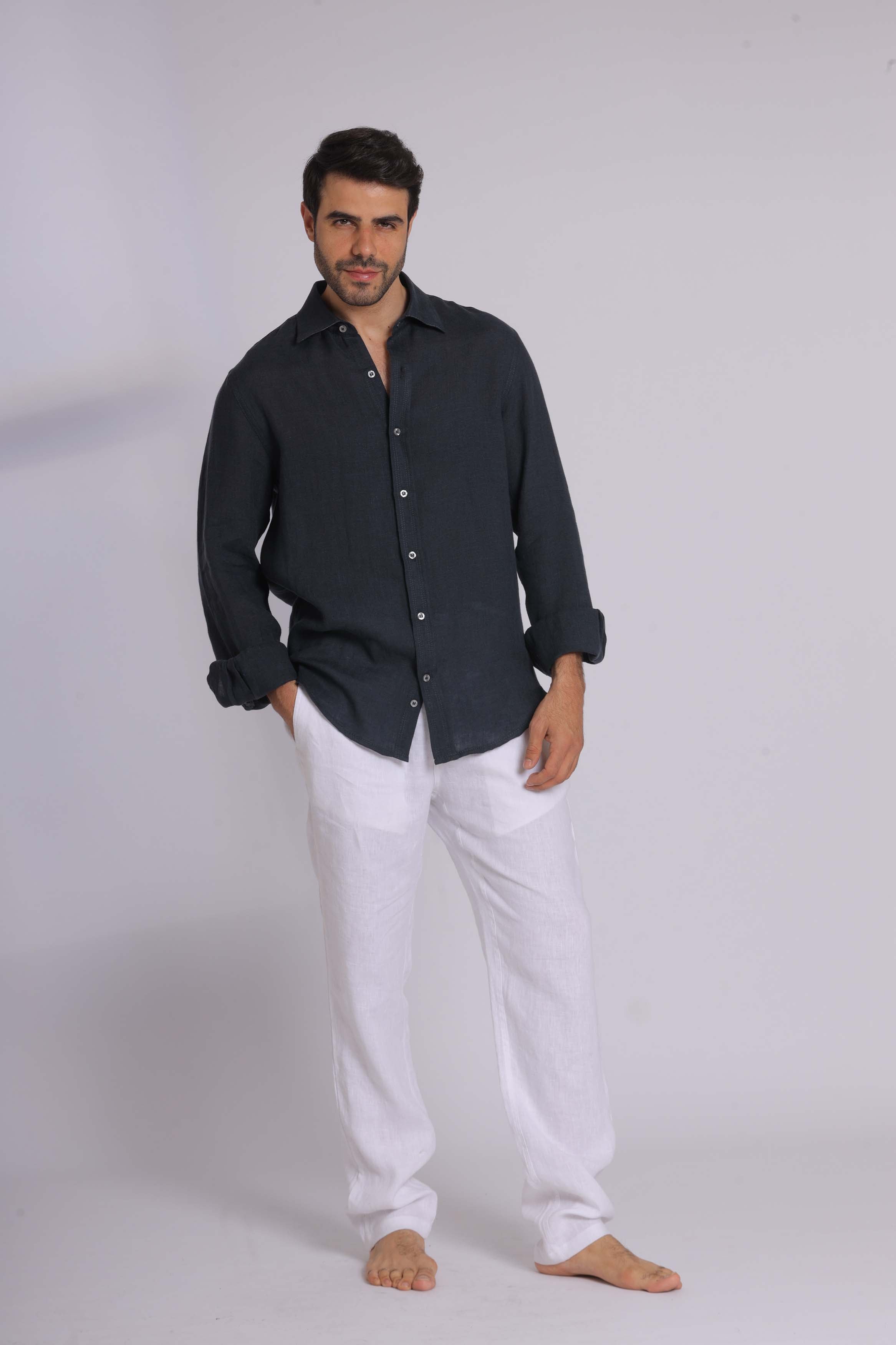 Navy Linen Long Sleeve Shirt