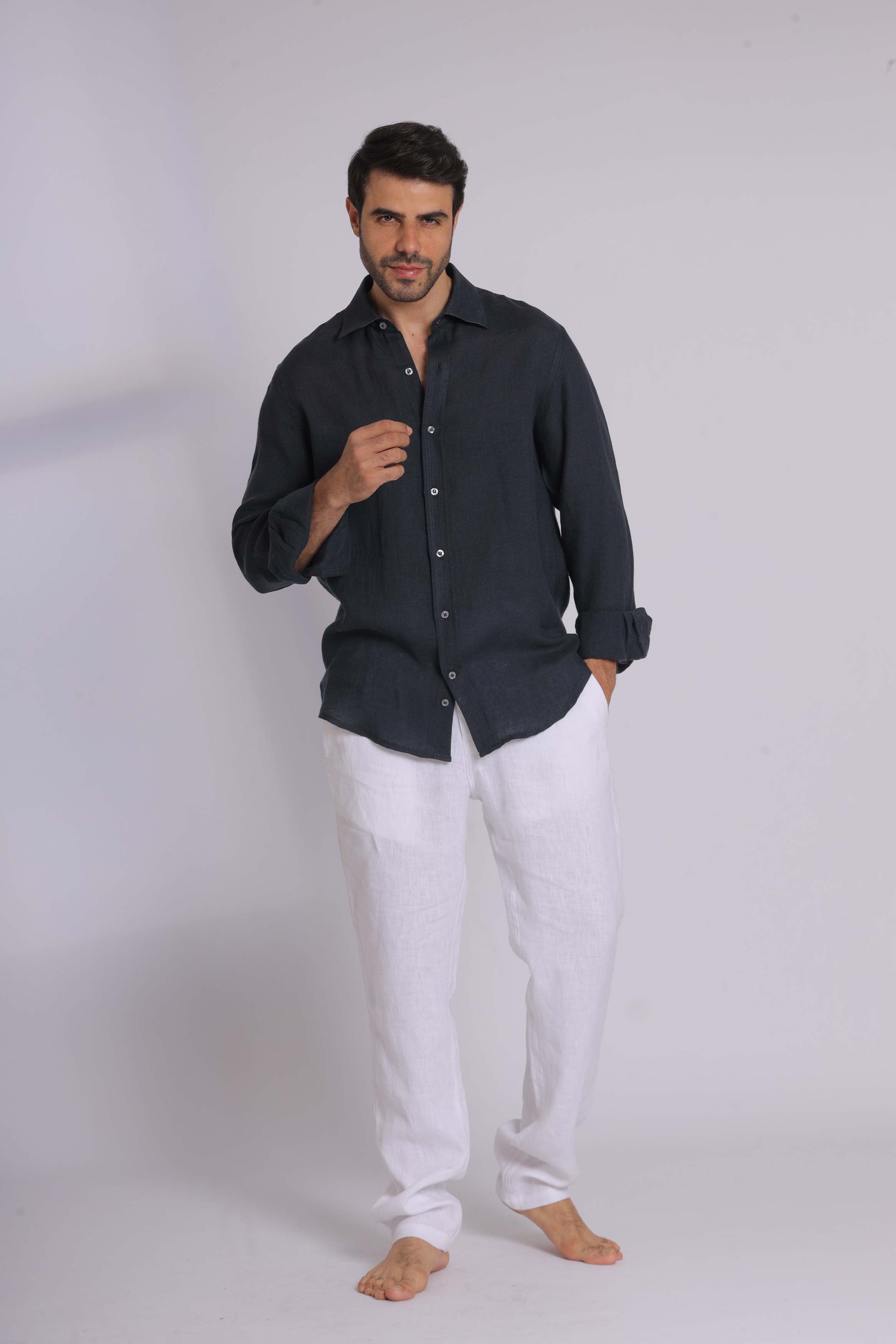 Navy Linen Long Sleeve Shirt