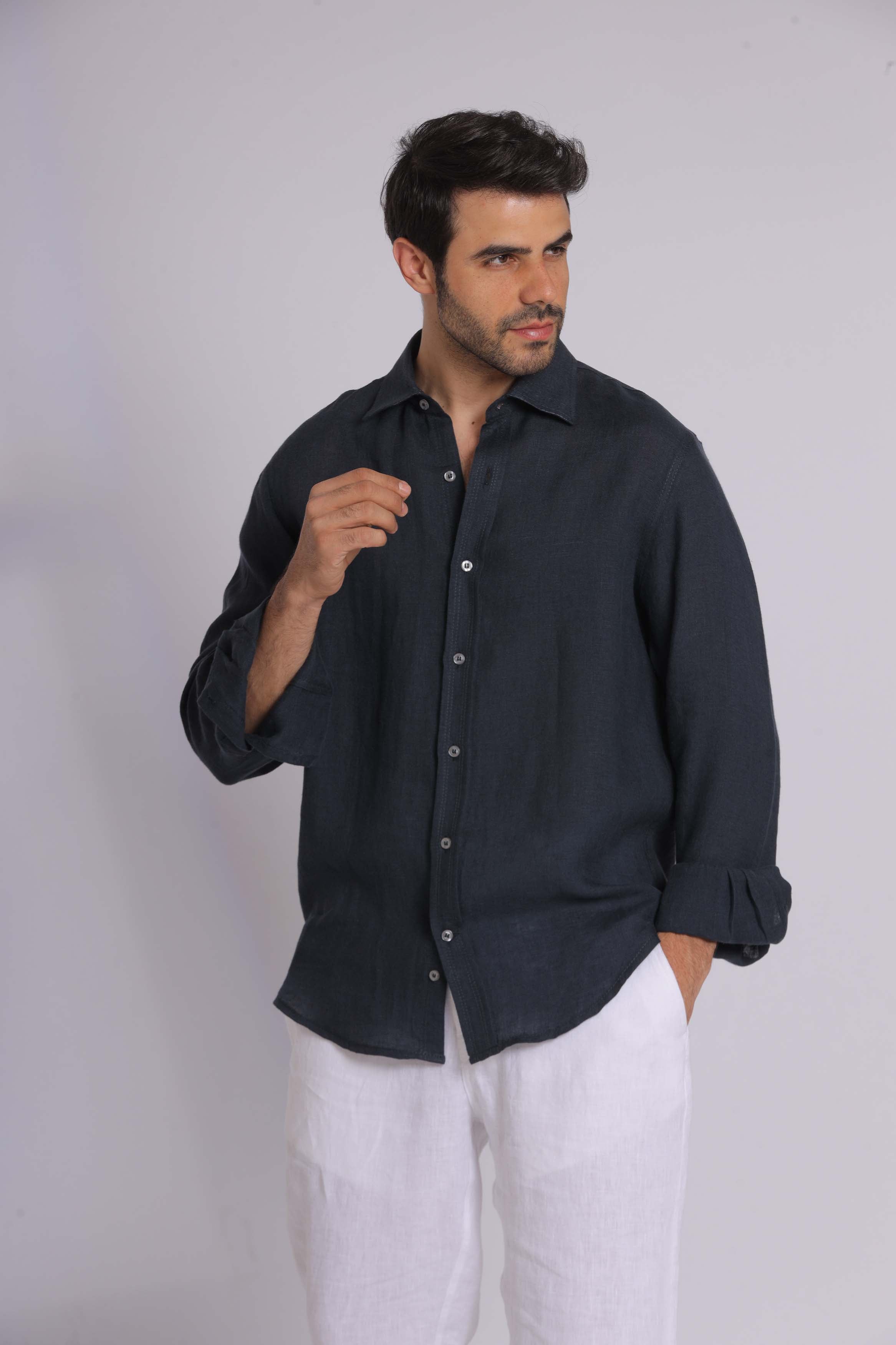 Navy Linen Long Sleeve Shirt