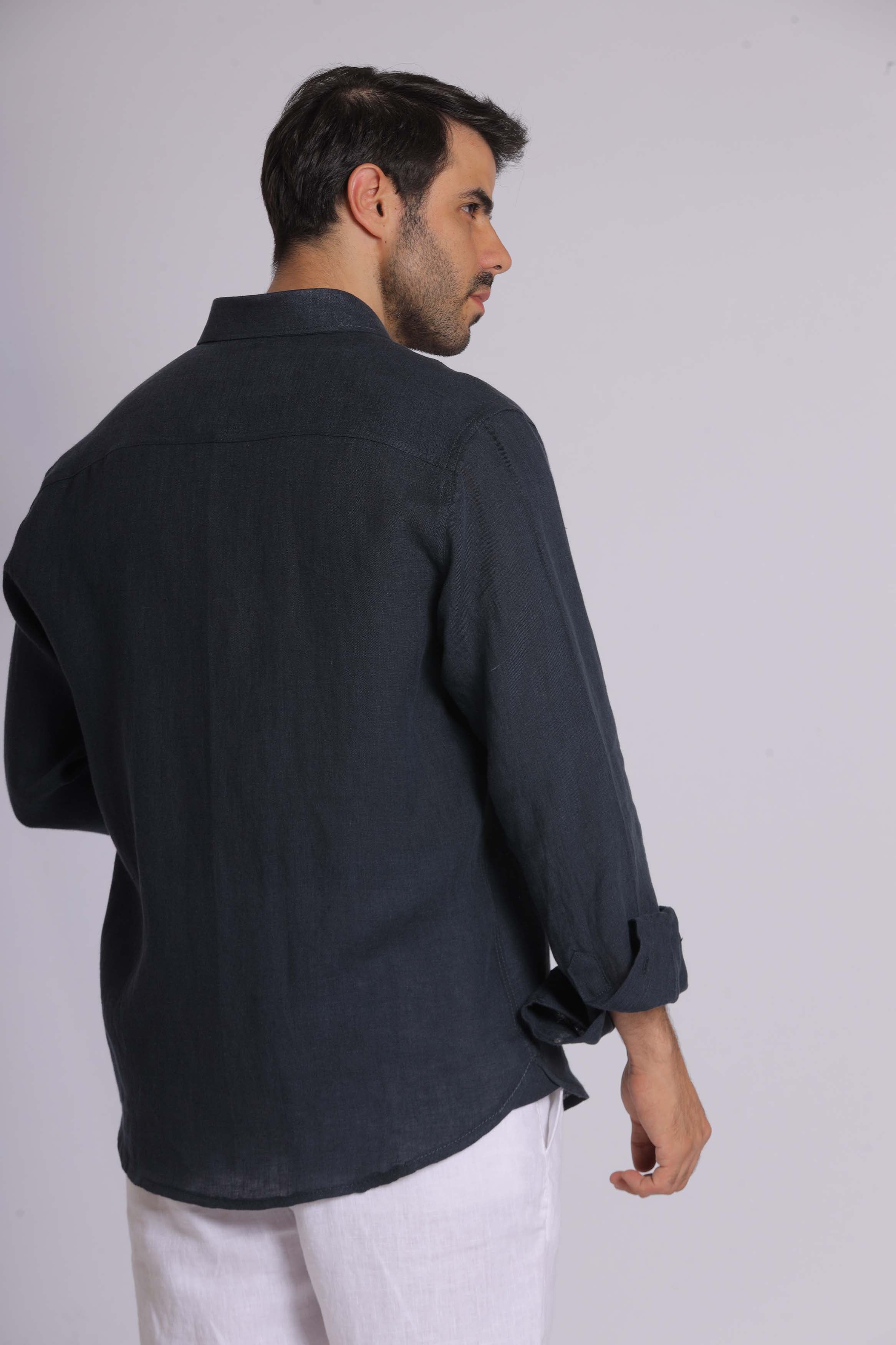 Navy Linen Long Sleeve Shirt