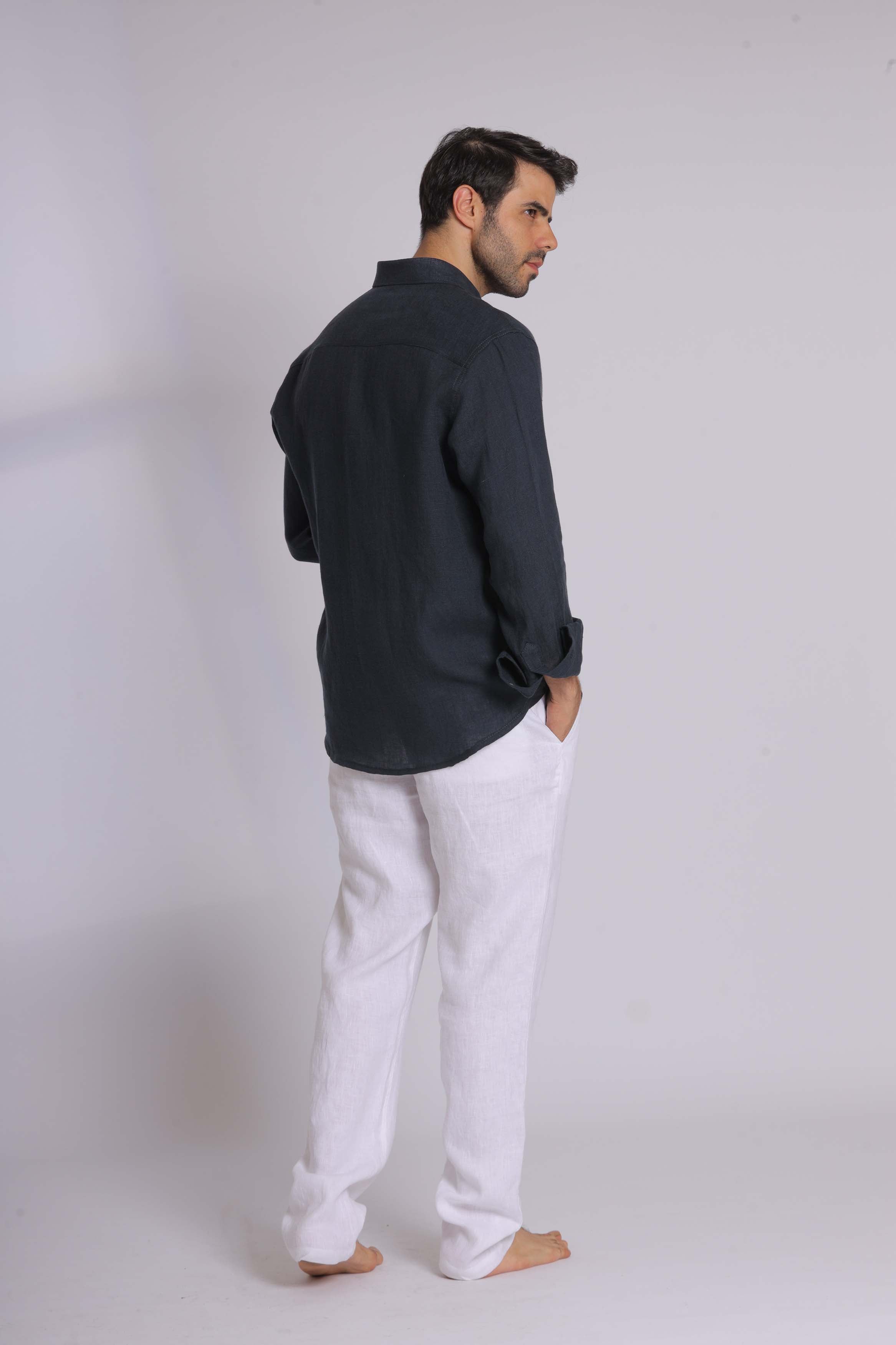 Navy Linen Long Sleeve Shirt