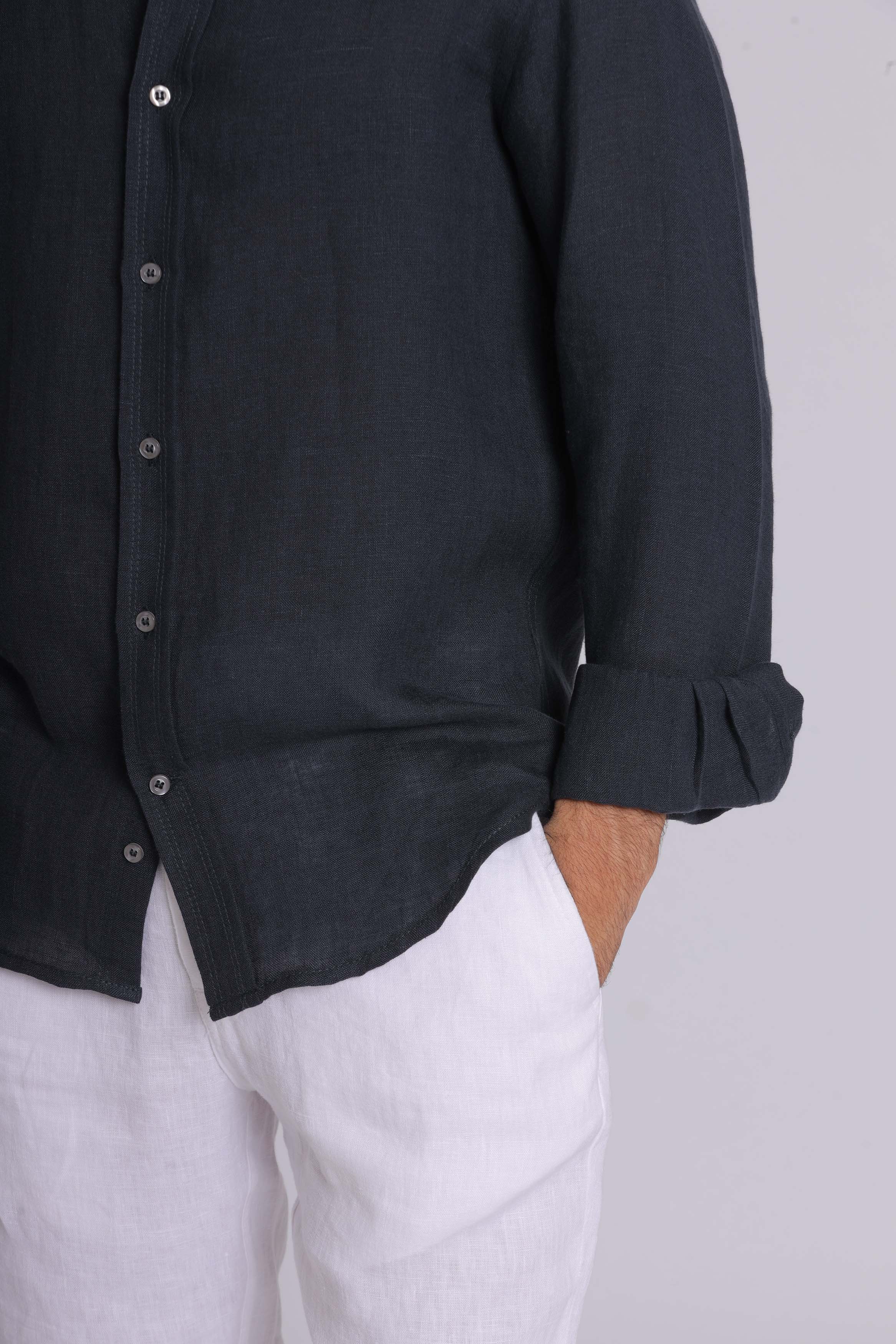 Navy Linen Long Sleeve Shirt