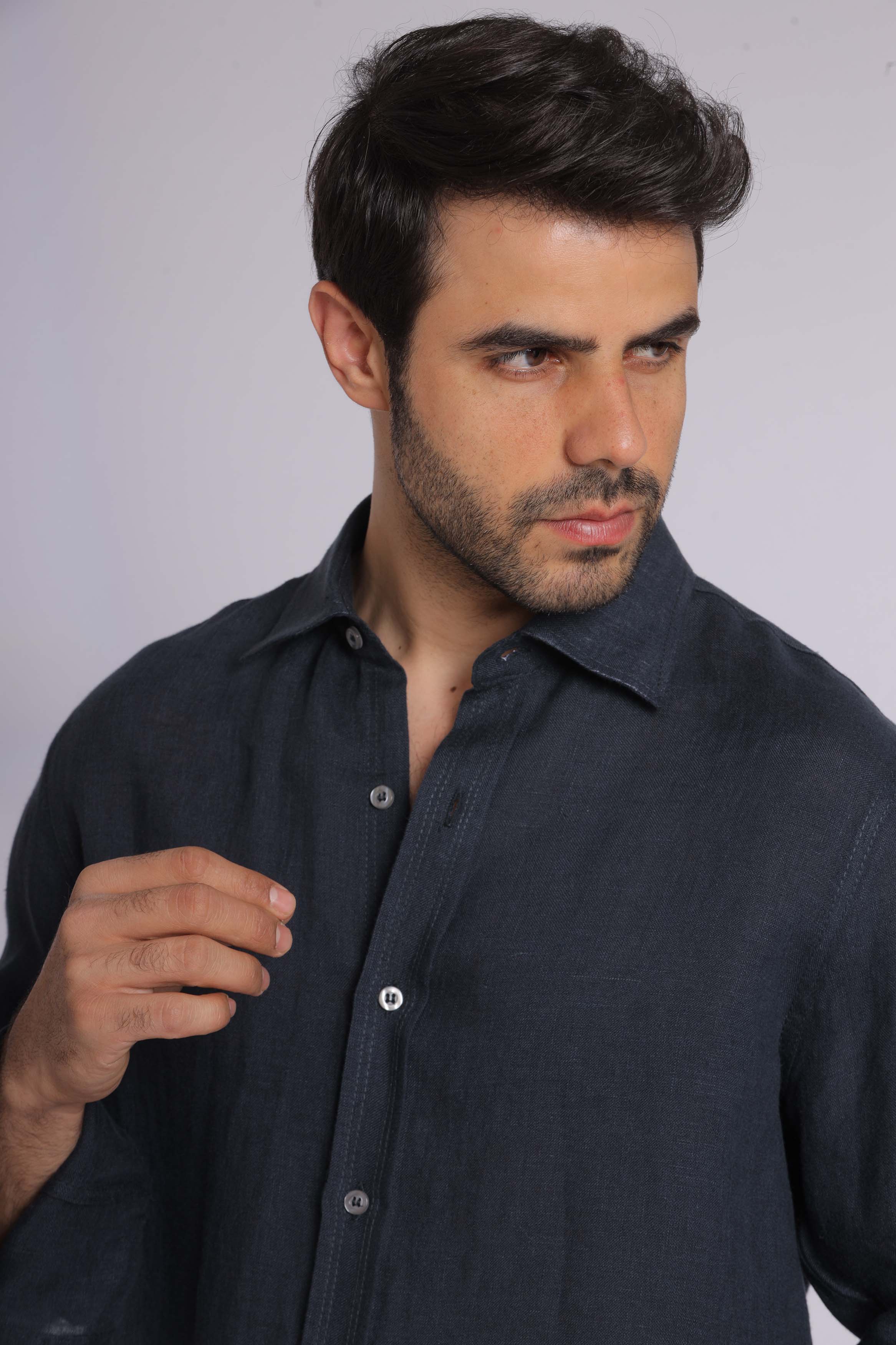 Navy Linen Long Sleeve Shirt