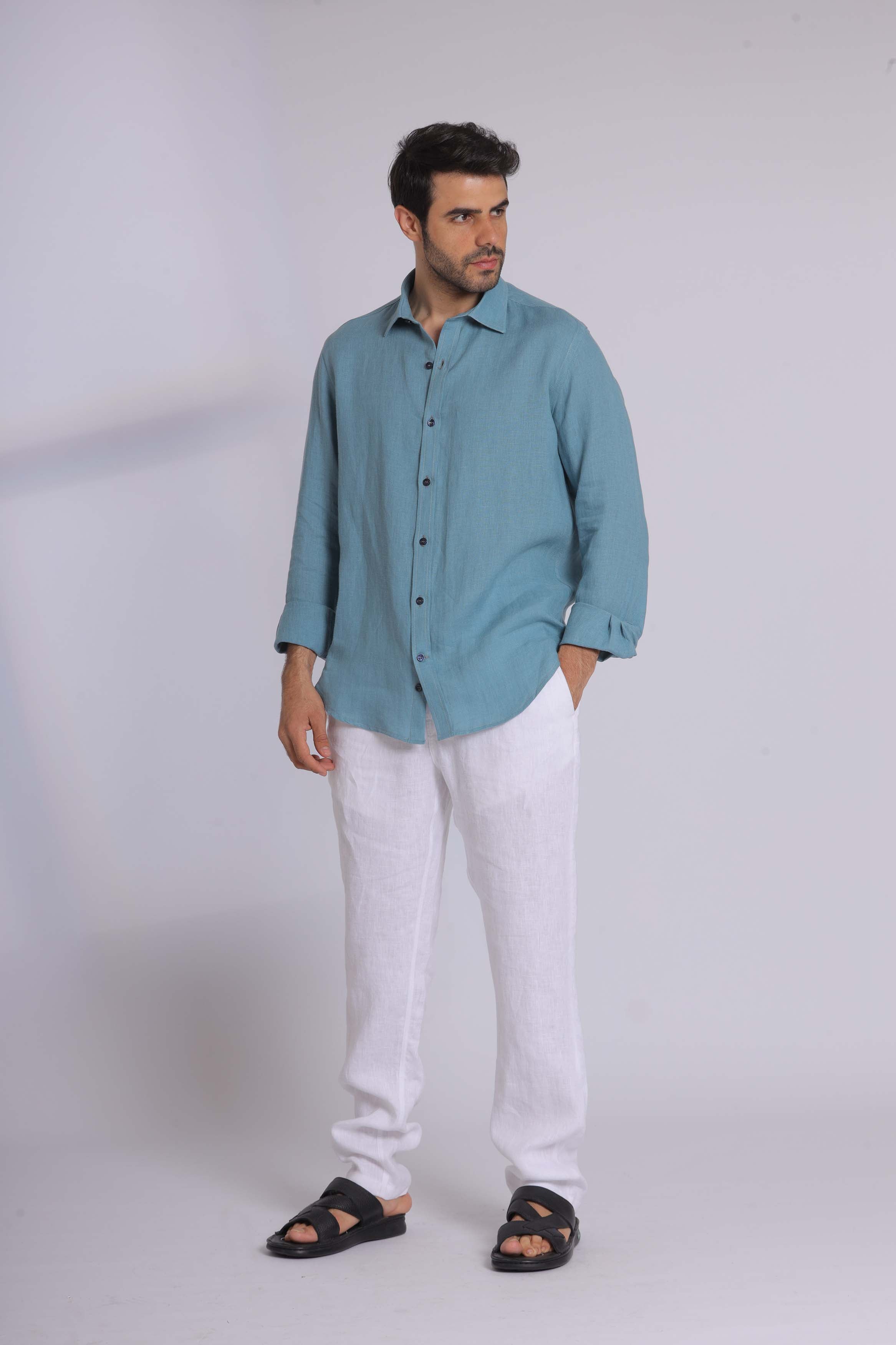 Navy Linen Long Sleeve Shirt