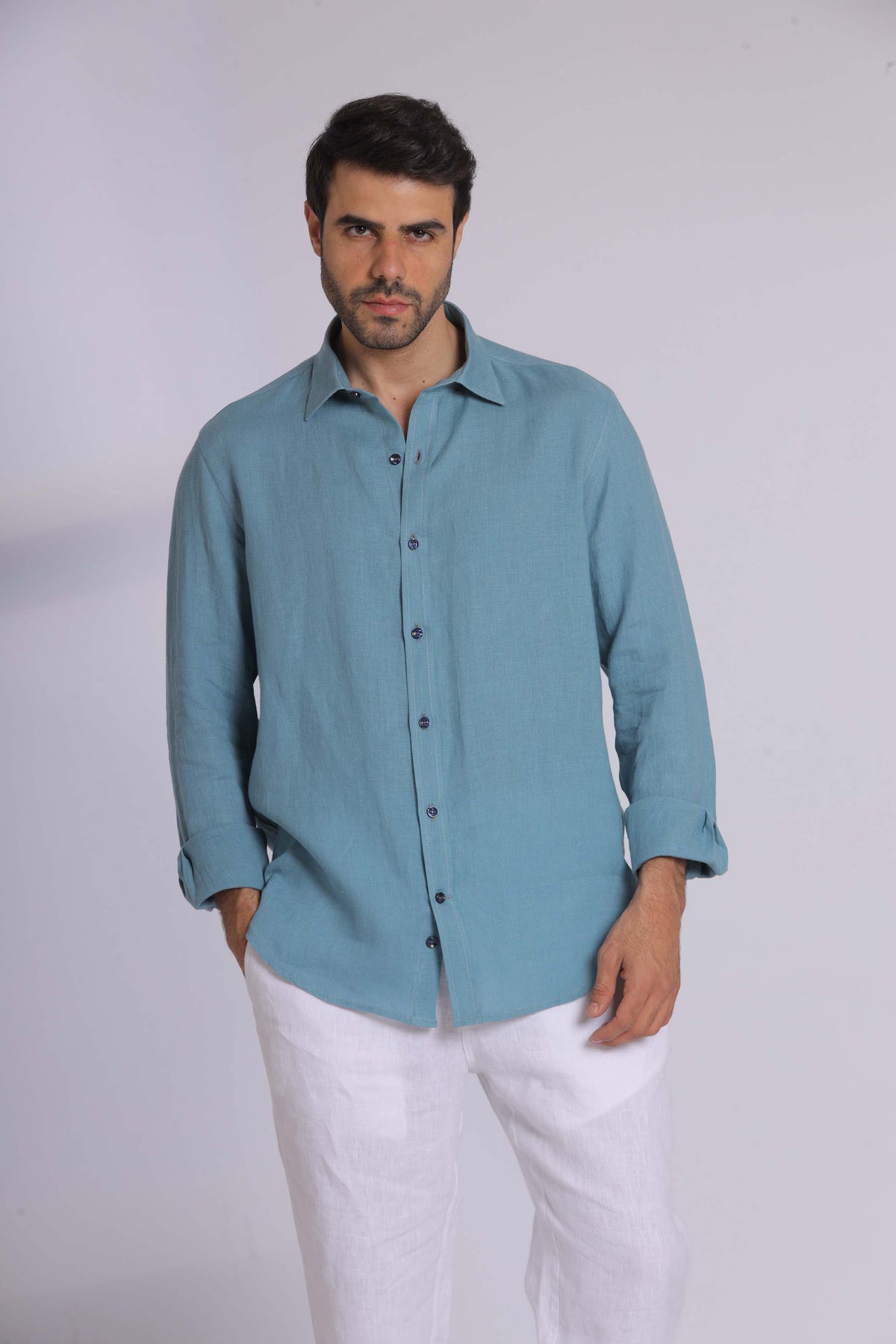 Navy Linen Long Sleeve Shirt