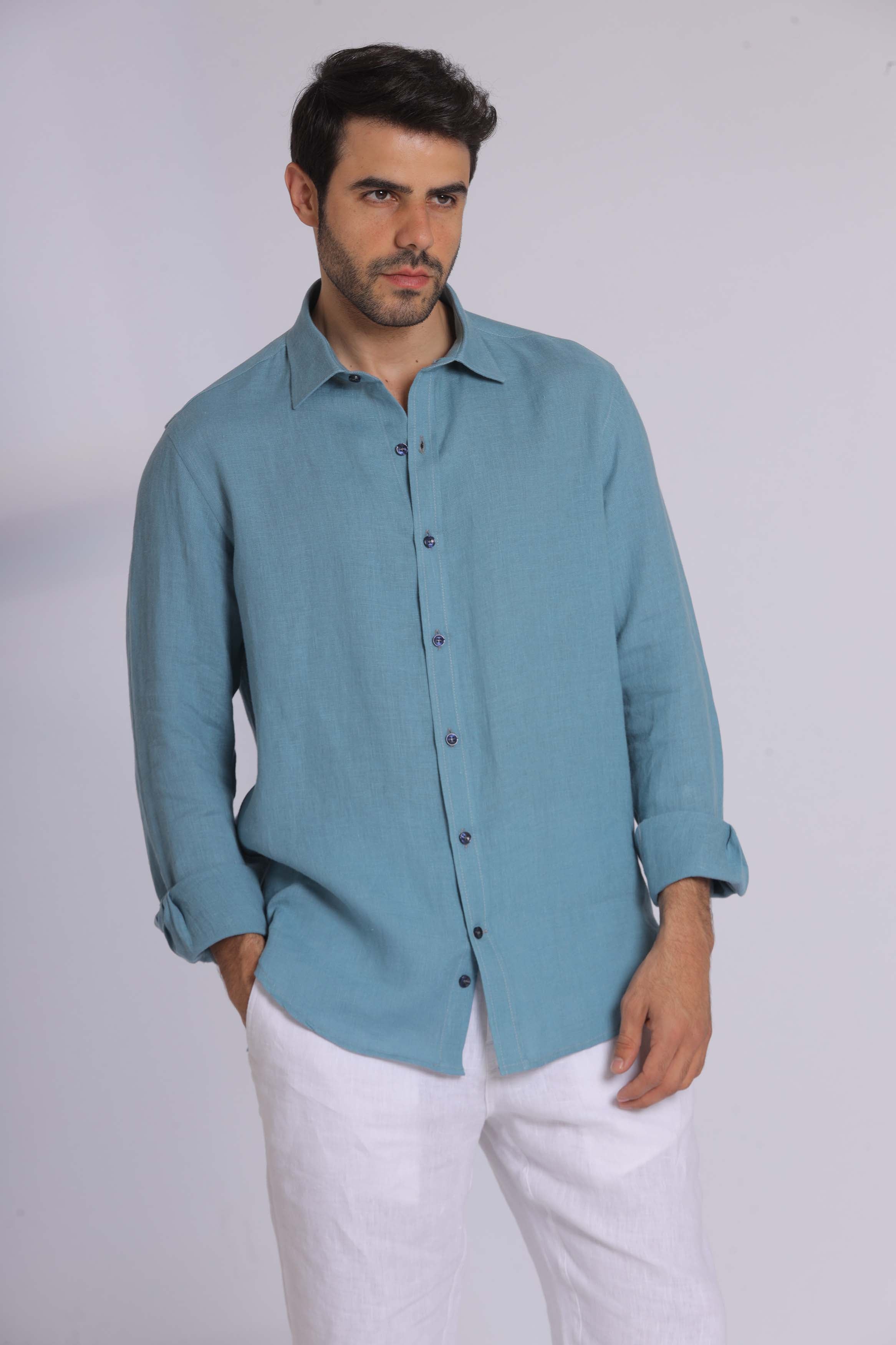 Navy Linen Long Sleeve Shirt