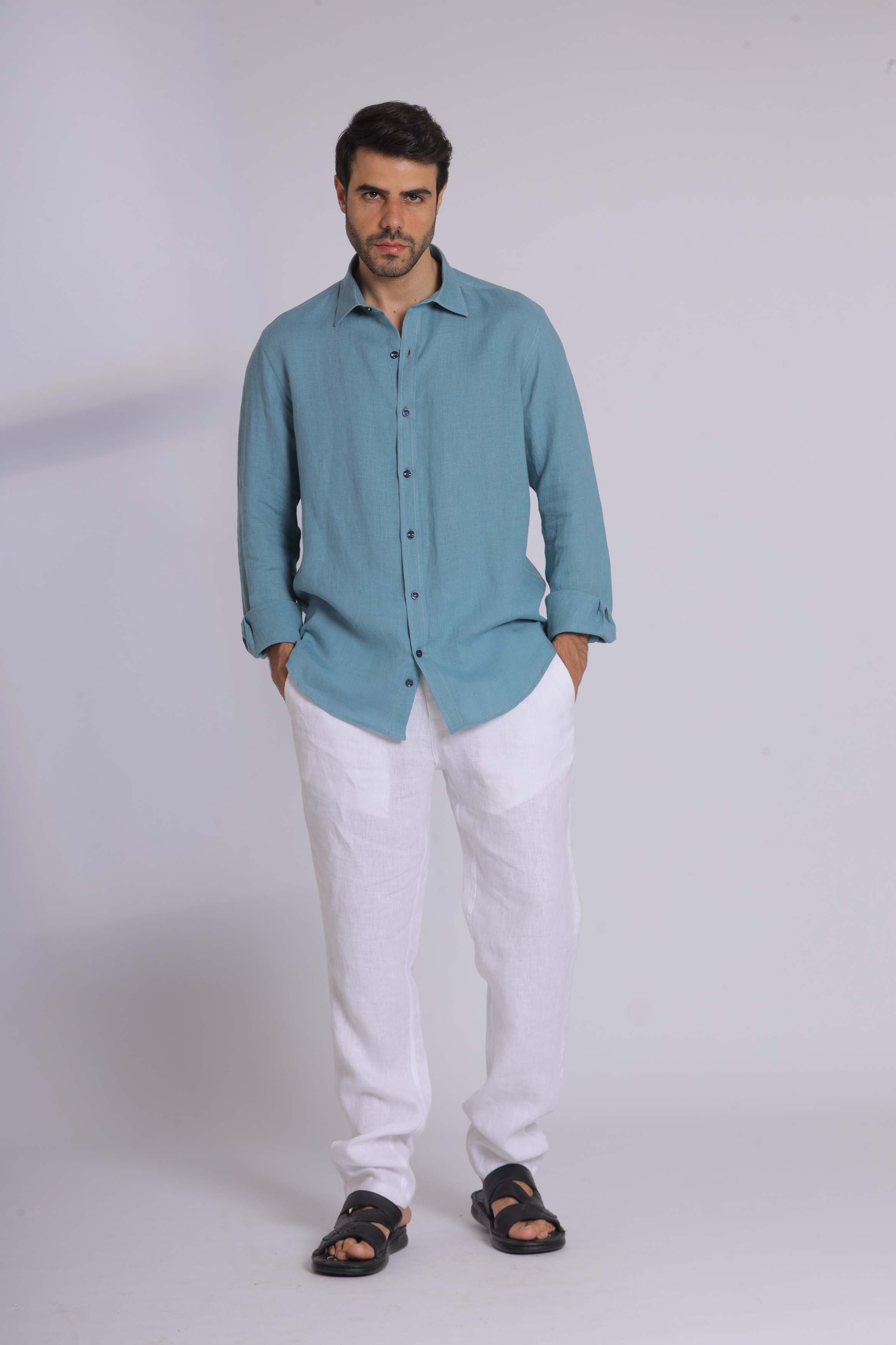 Navy Linen Long Sleeve Shirt