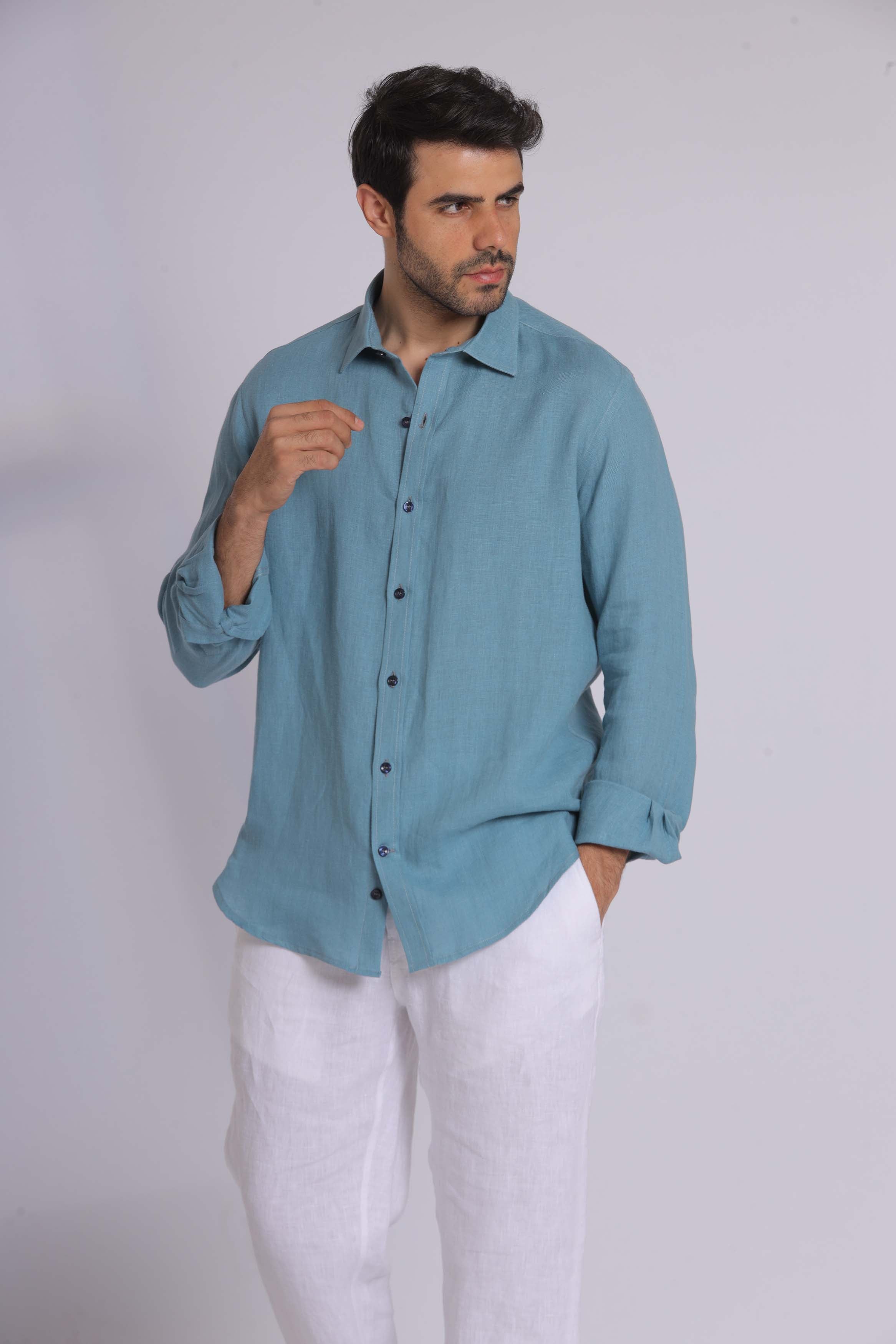 Navy Linen Long Sleeve Shirt