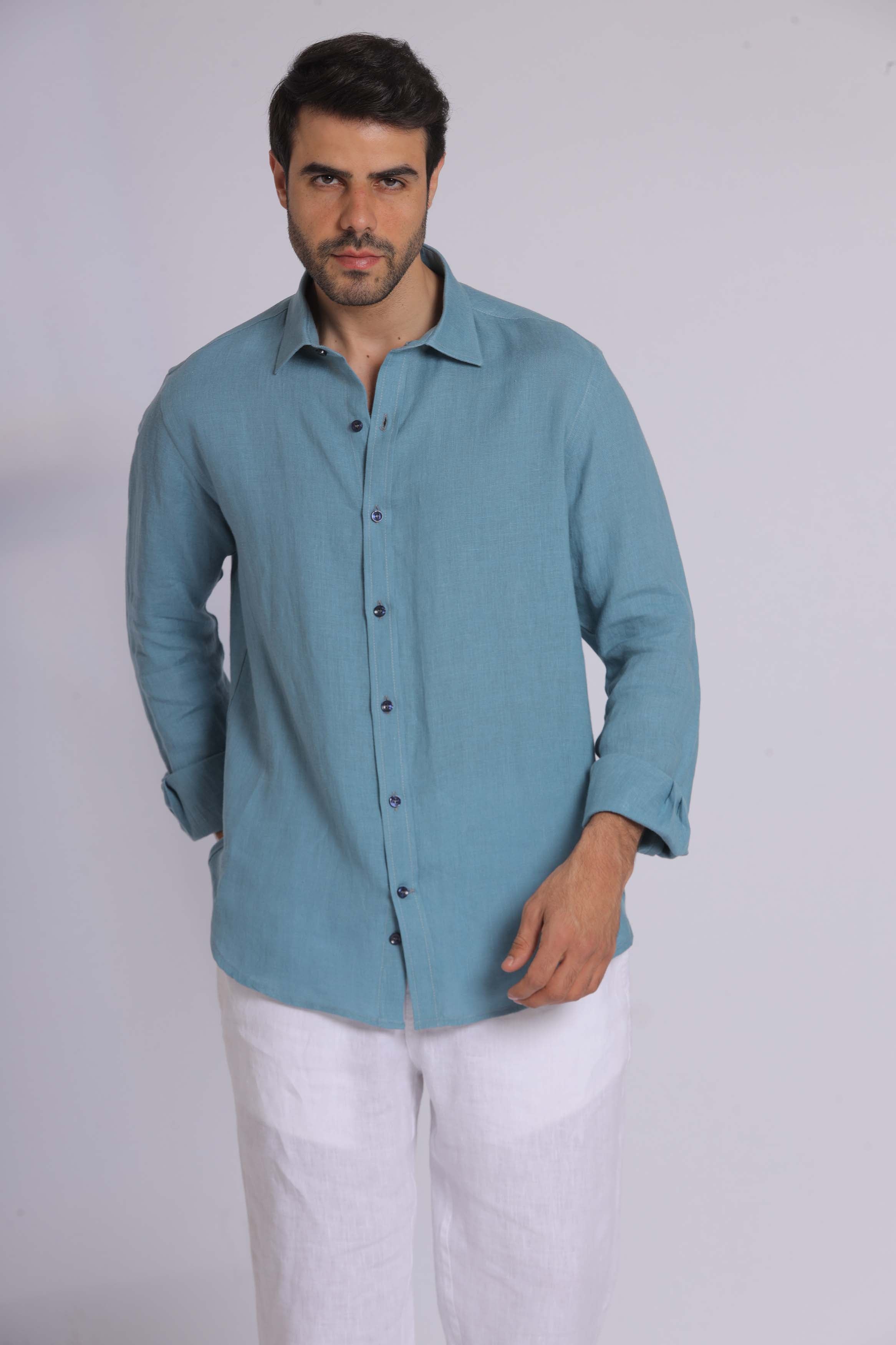 Navy Linen Long Sleeve Shirt