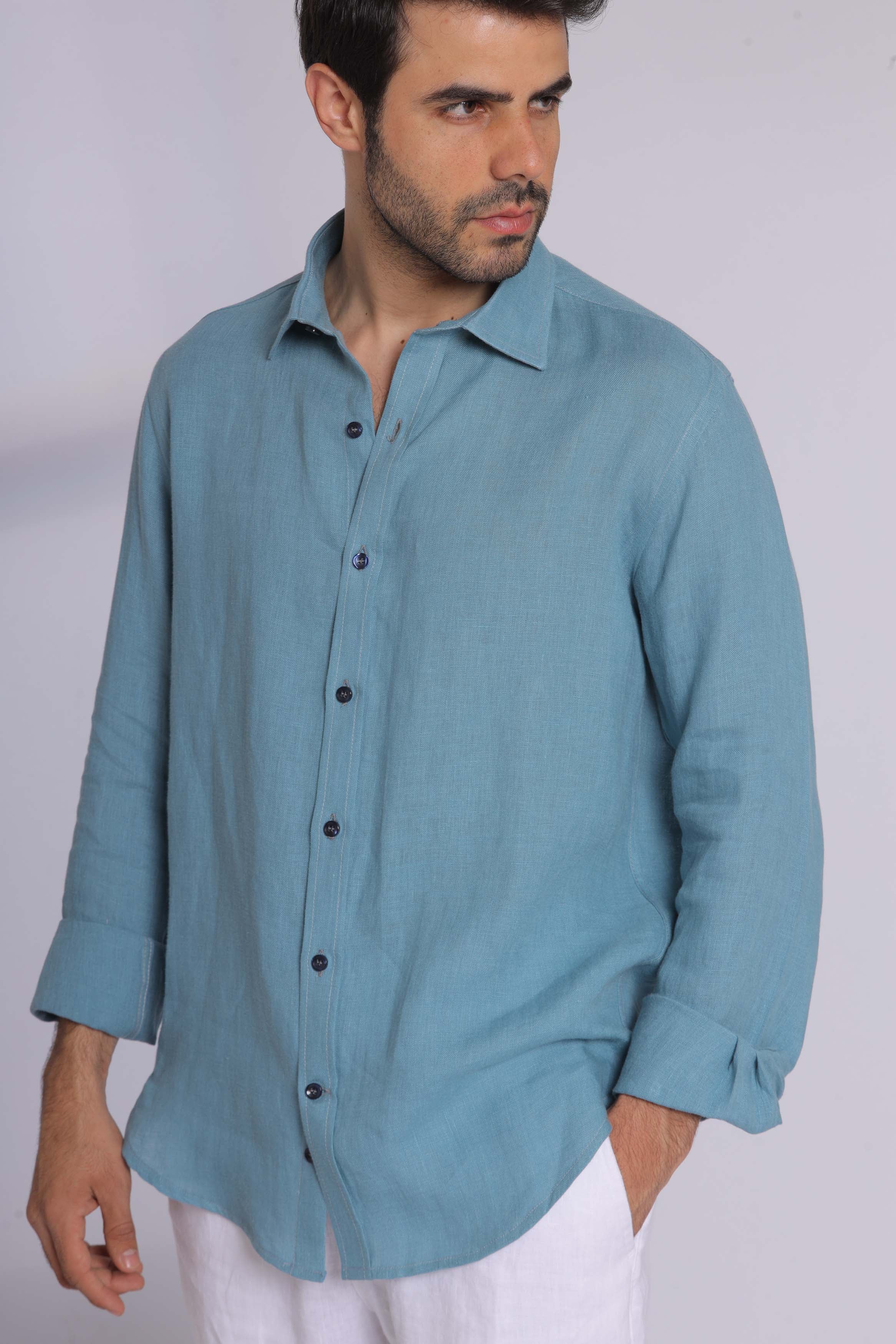 Navy Linen Long Sleeve Shirt