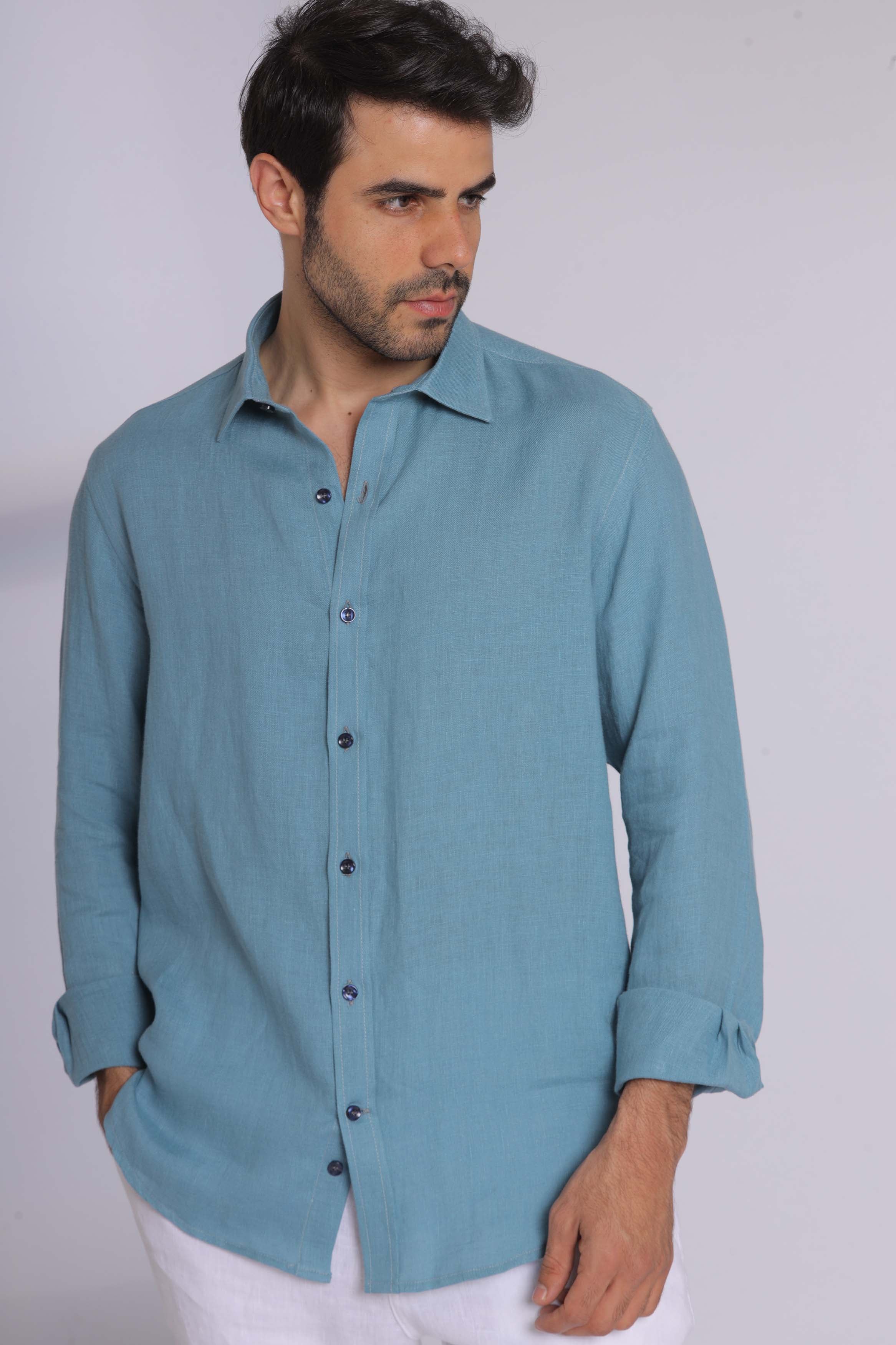 Navy Linen Long Sleeve Shirt