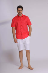 Red Linen Short Sleeved Shirt