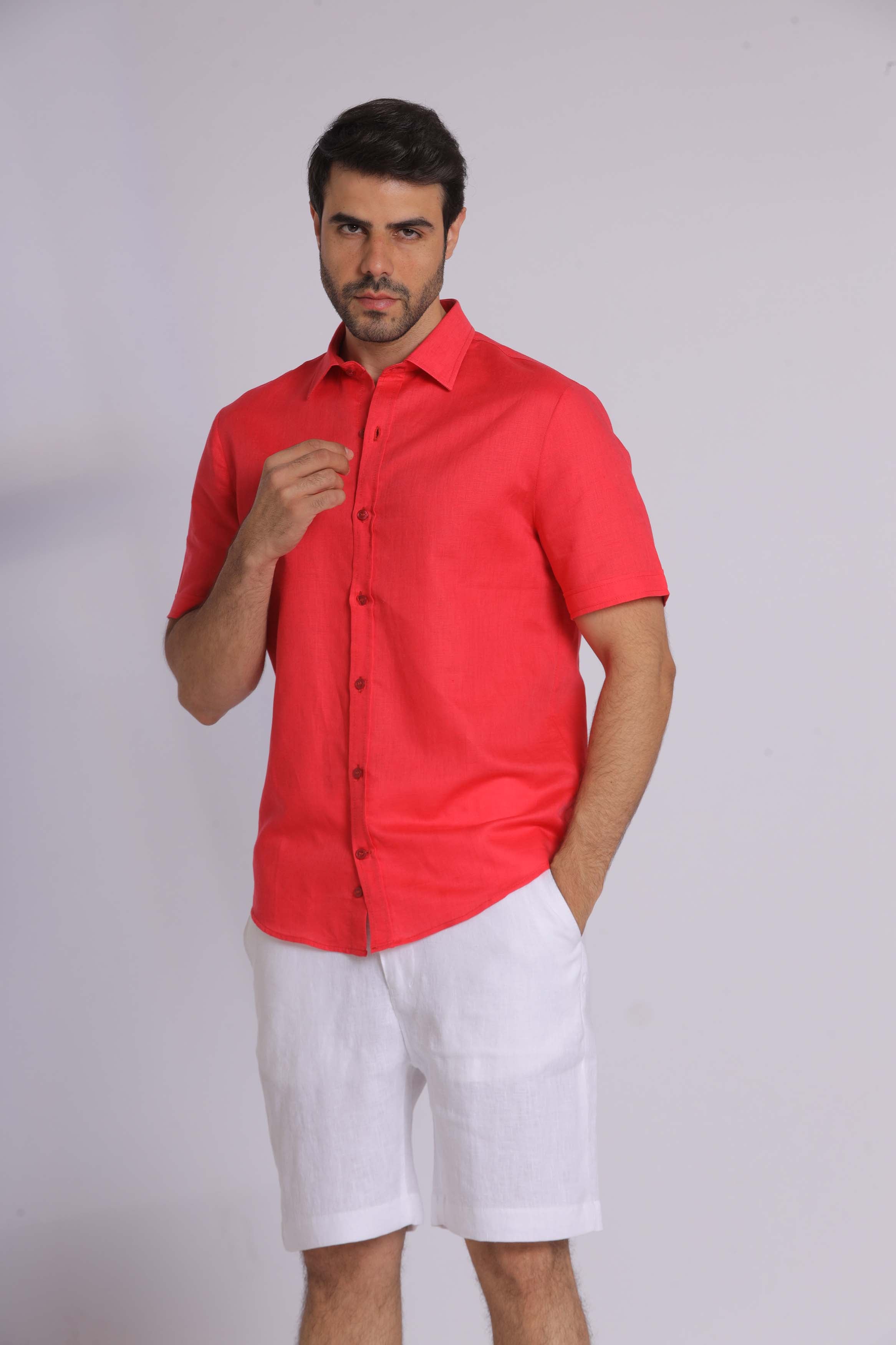 Red Linen Short Sleeved Shirt