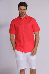 Red Linen Short Sleeved Shirt