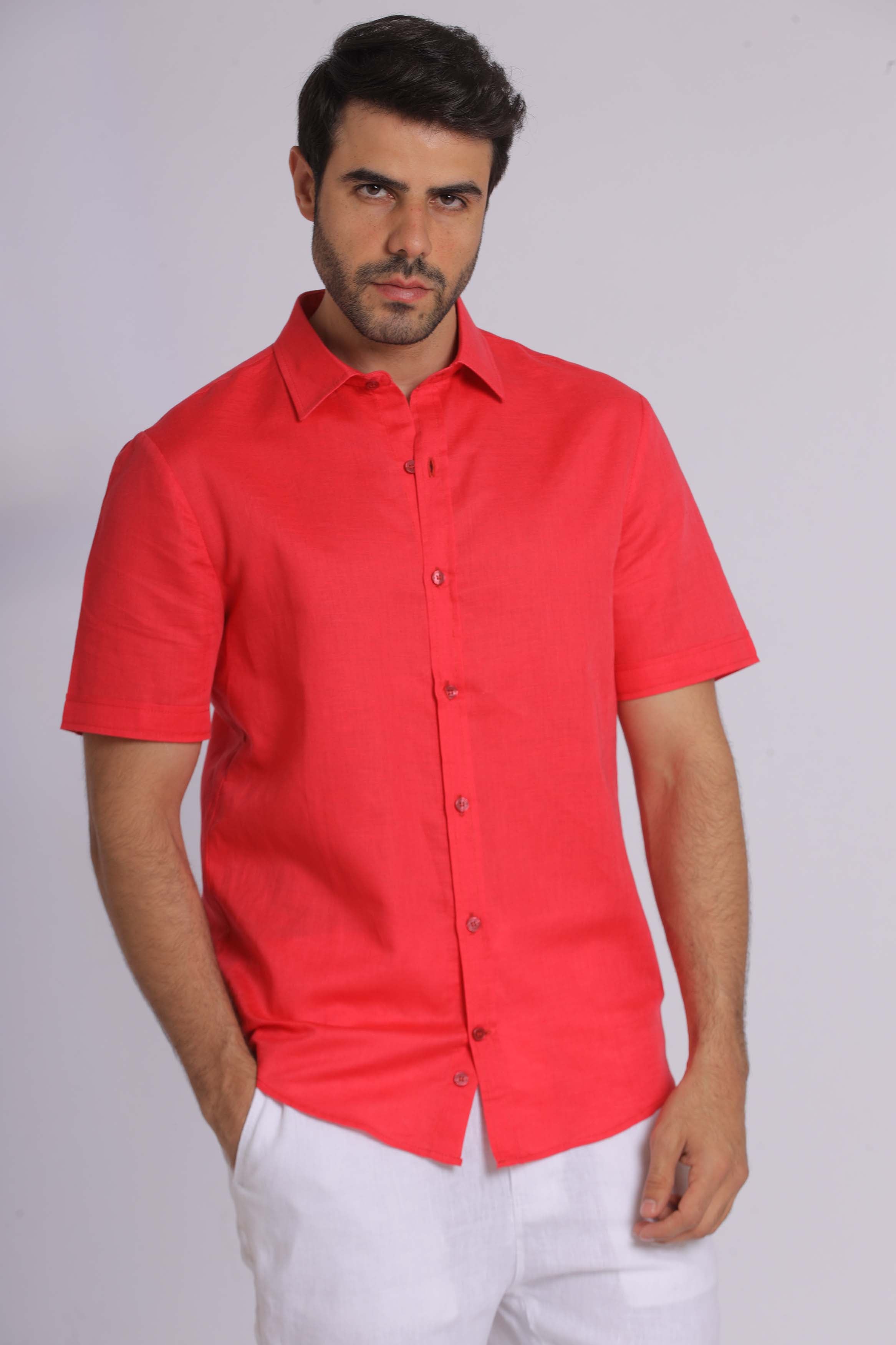 Red Linen Short Sleeved Shirt