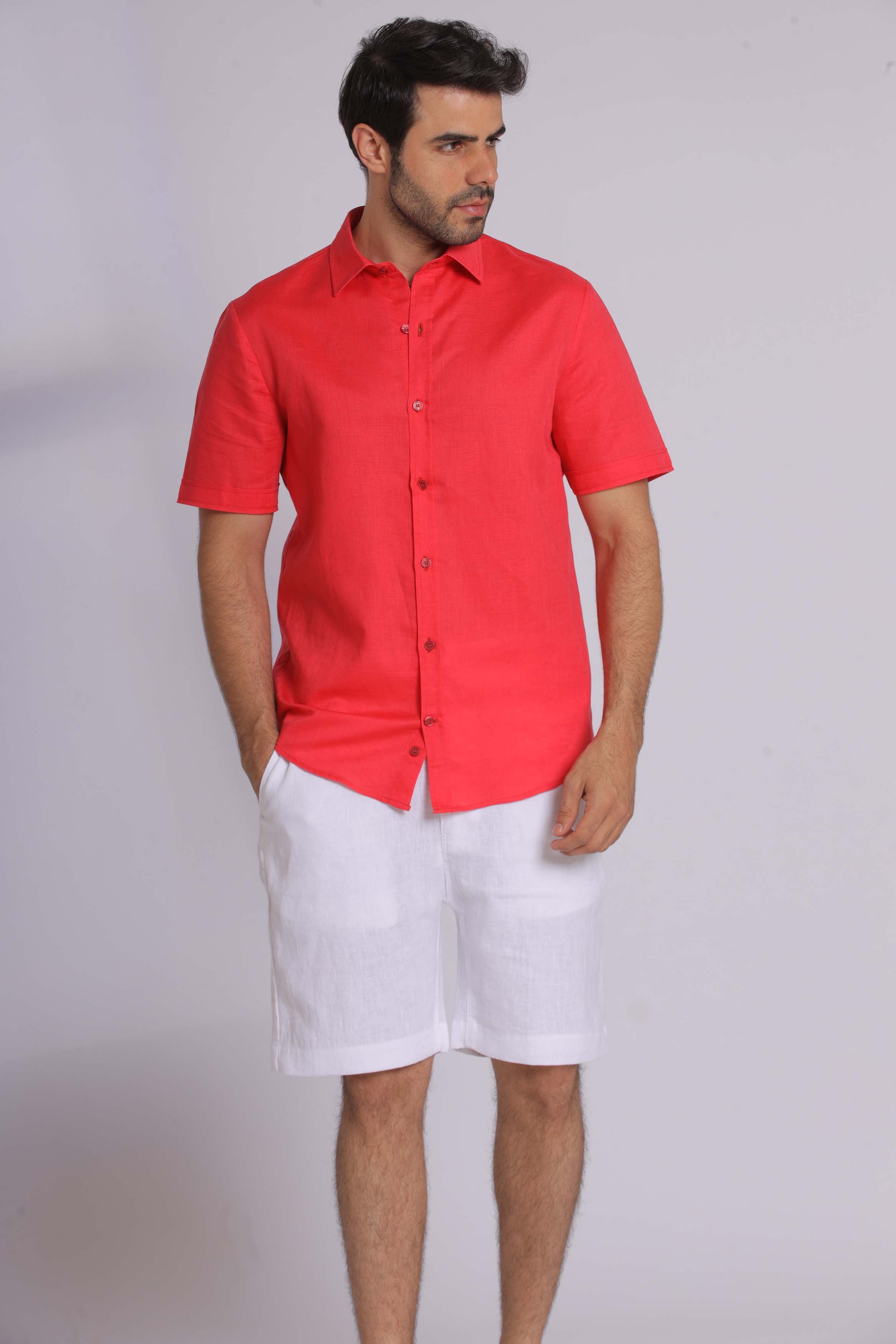 Red Linen Short Sleeved Shirt