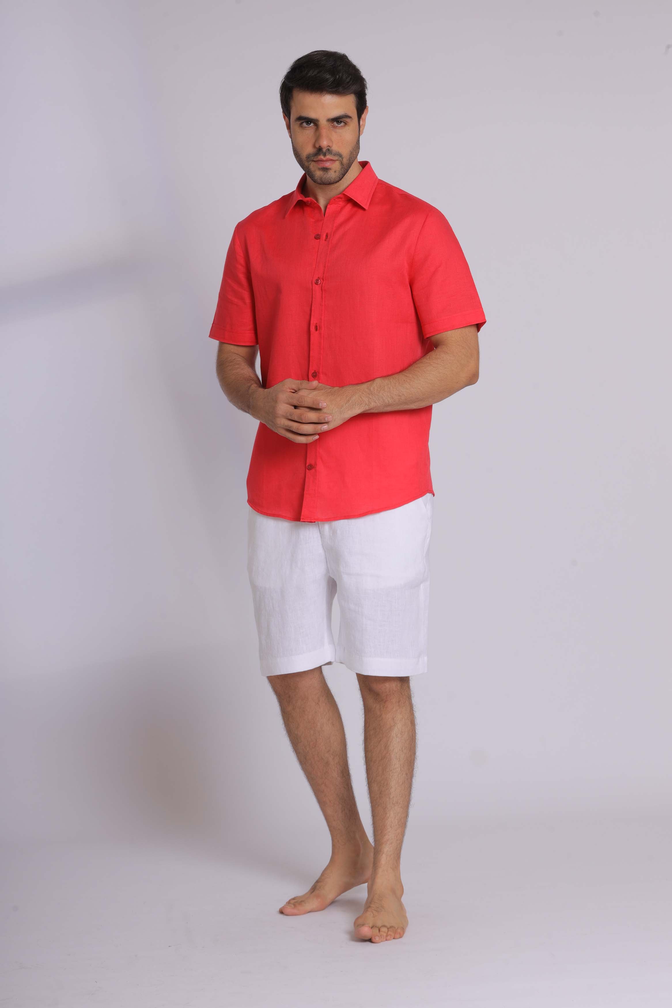 Red Linen Short Sleeved Shirt