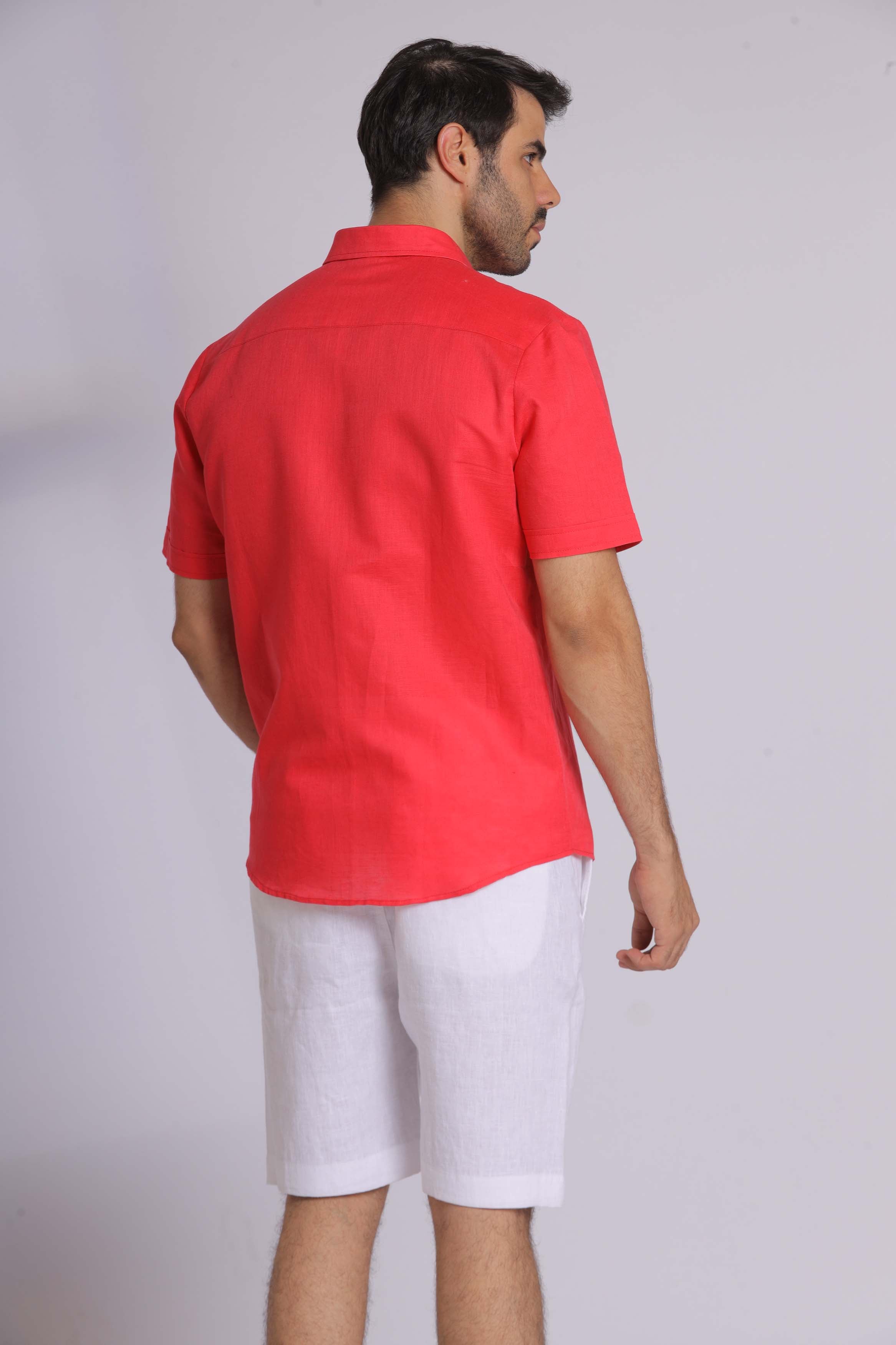 Red Linen Short Sleeved Shirt