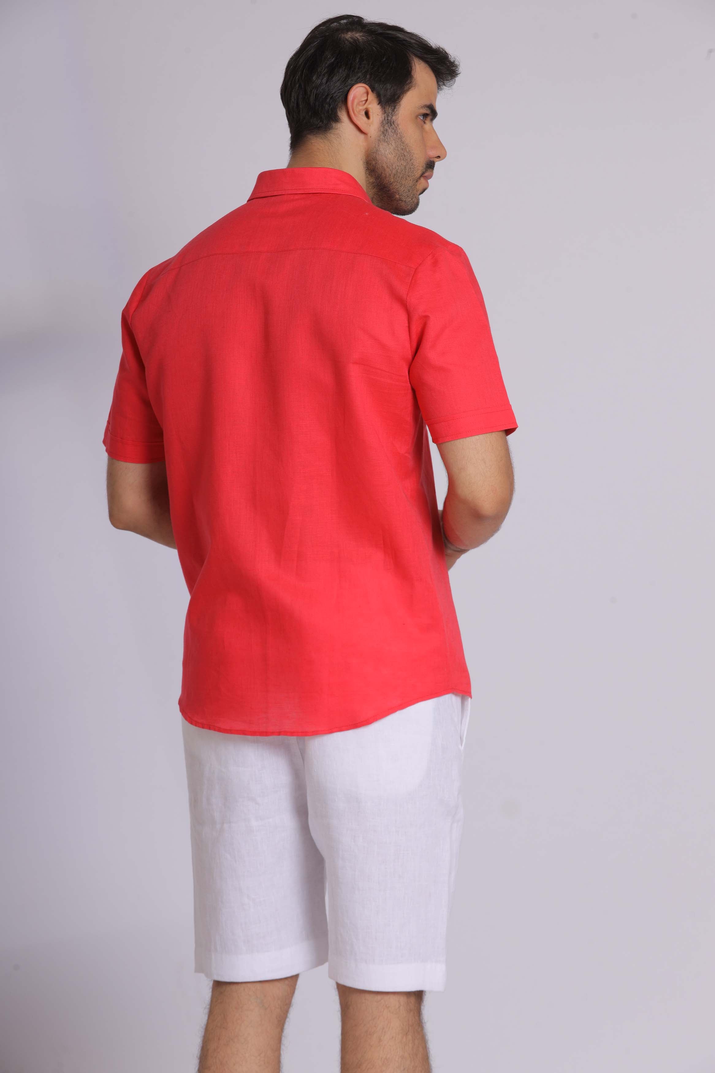 Red Linen Short Sleeved Shirt