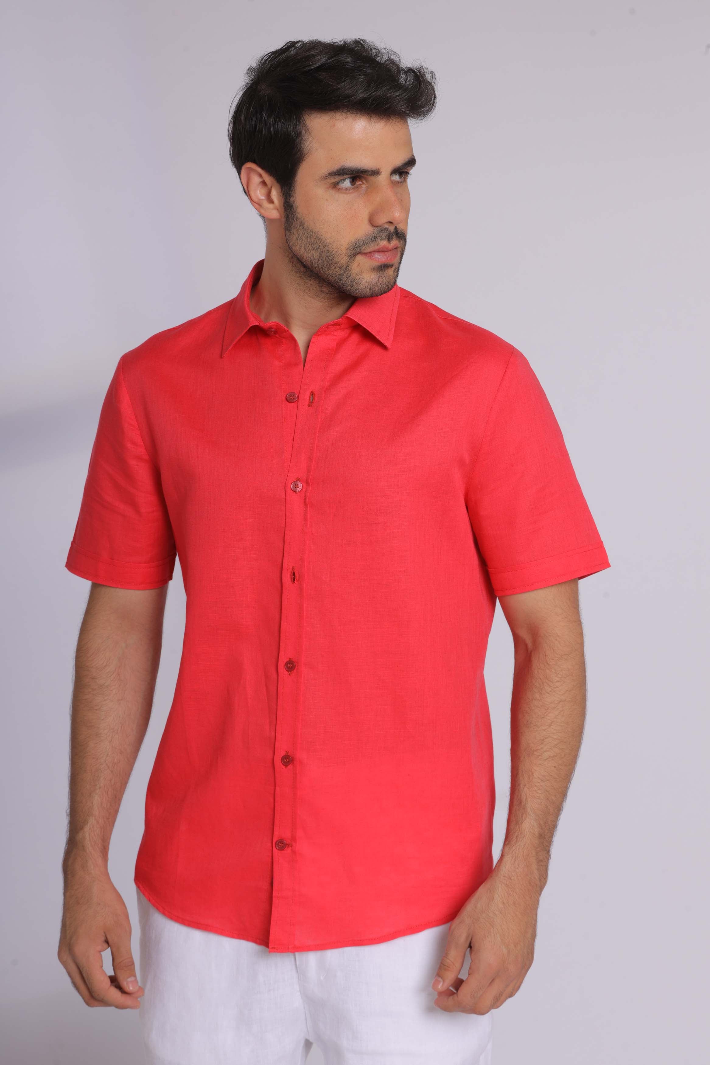 Red Linen Short Sleeved Shirt