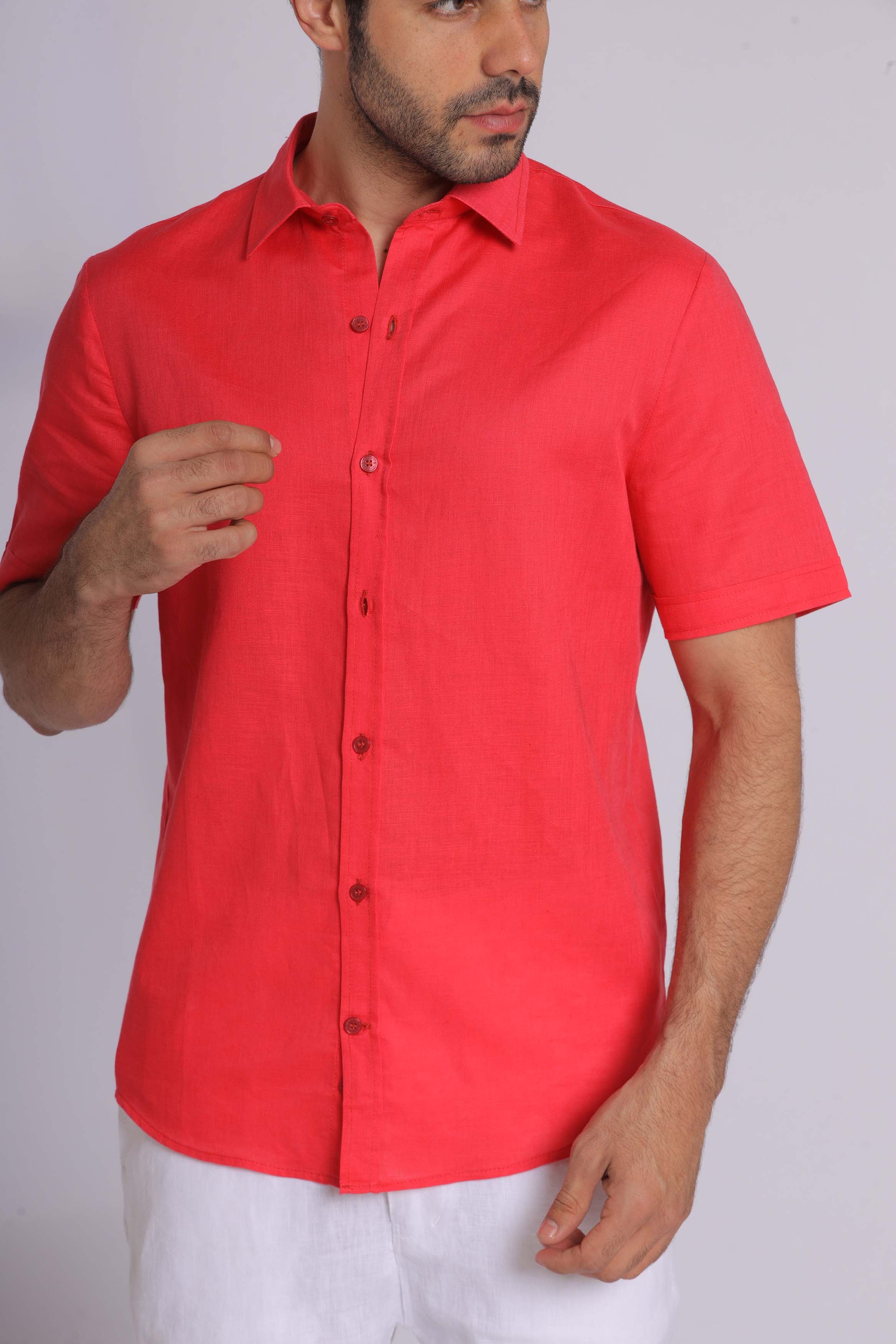 Red Linen Short Sleeved Shirt