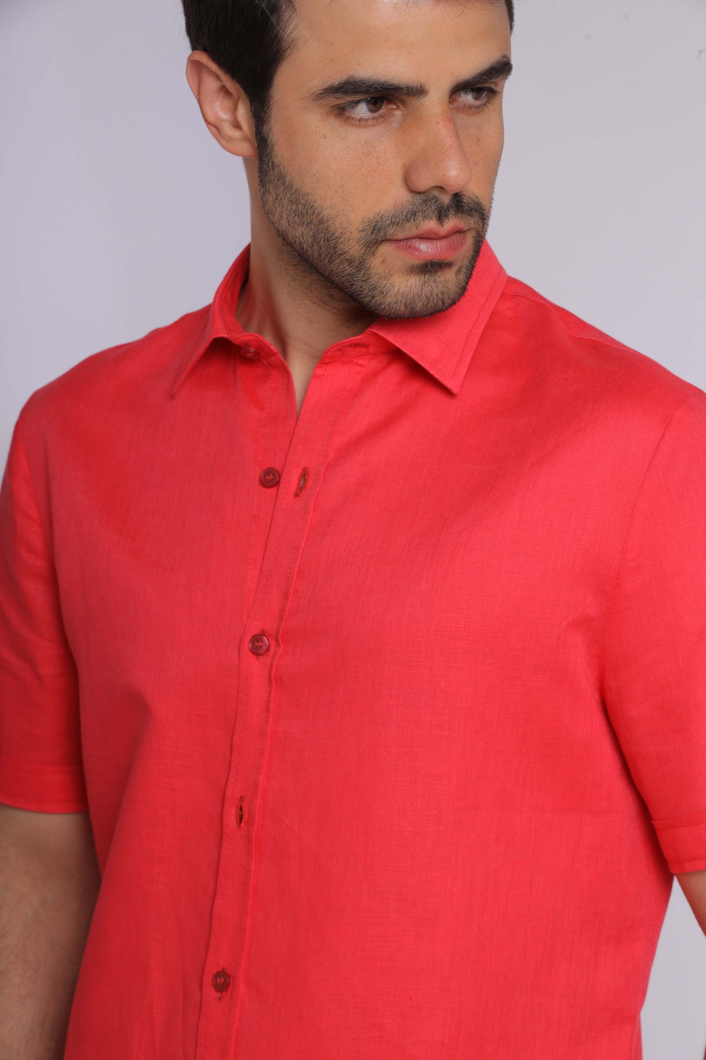 Red Linen Short Sleeved Shirt