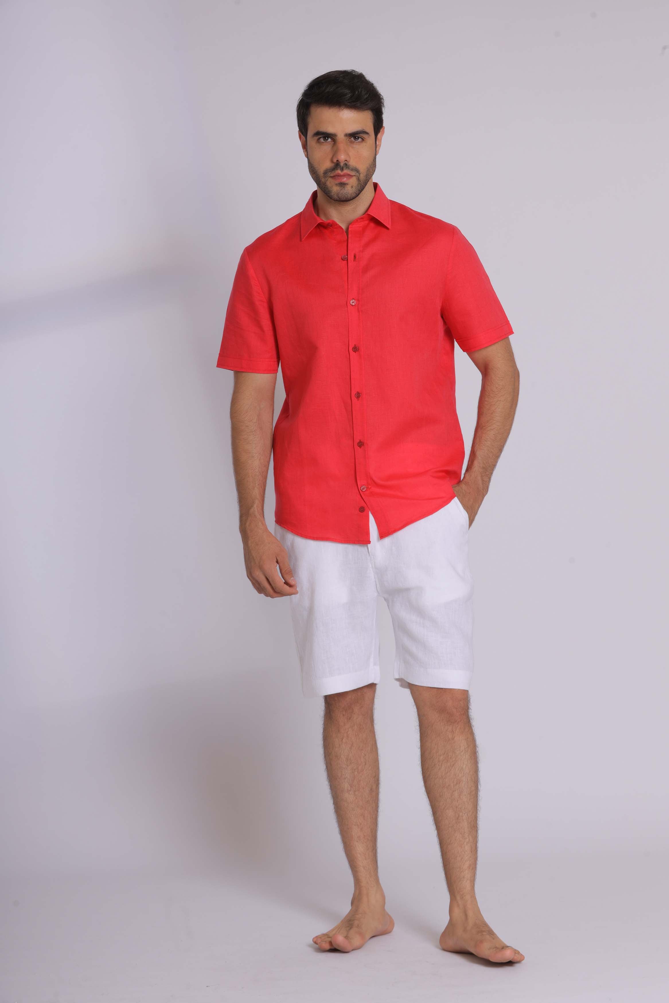 Red Linen Short Sleeved Shirt