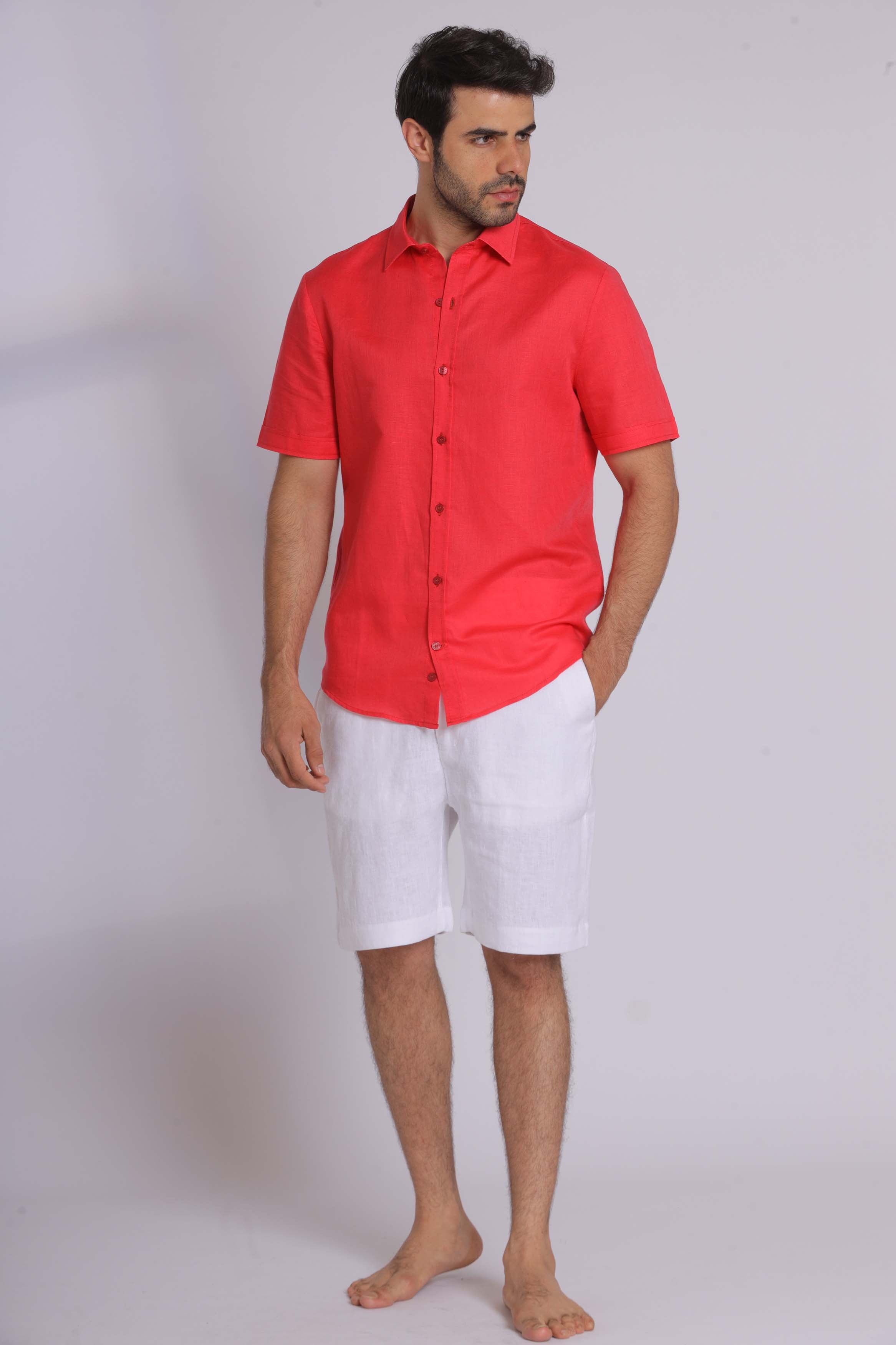 Red Linen Short Sleeved Shirt