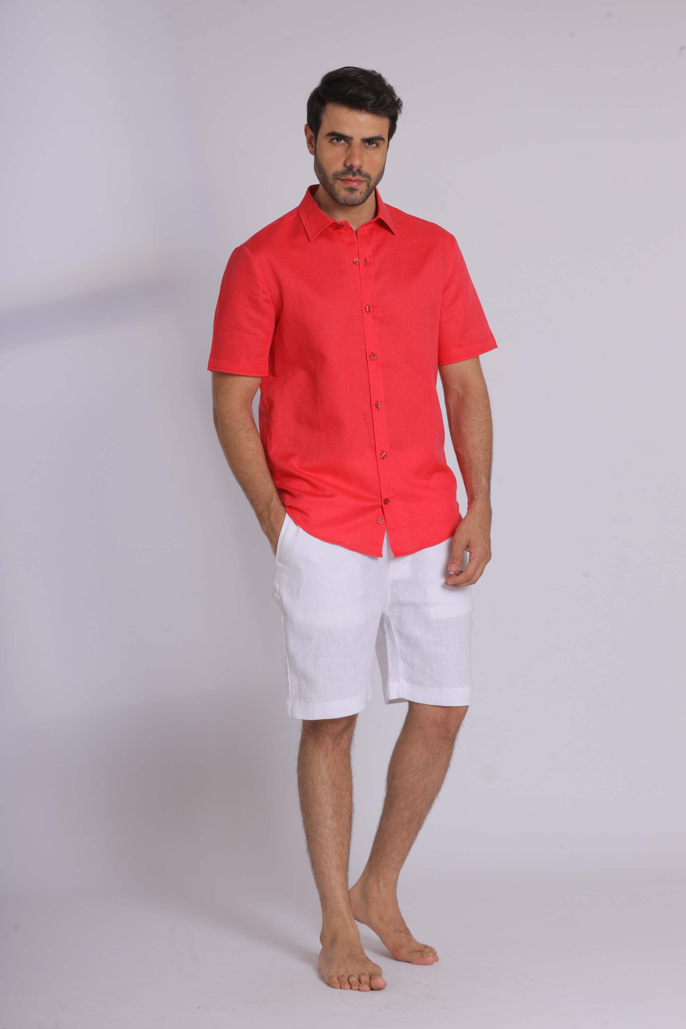 Red Linen Short Sleeved Shirt