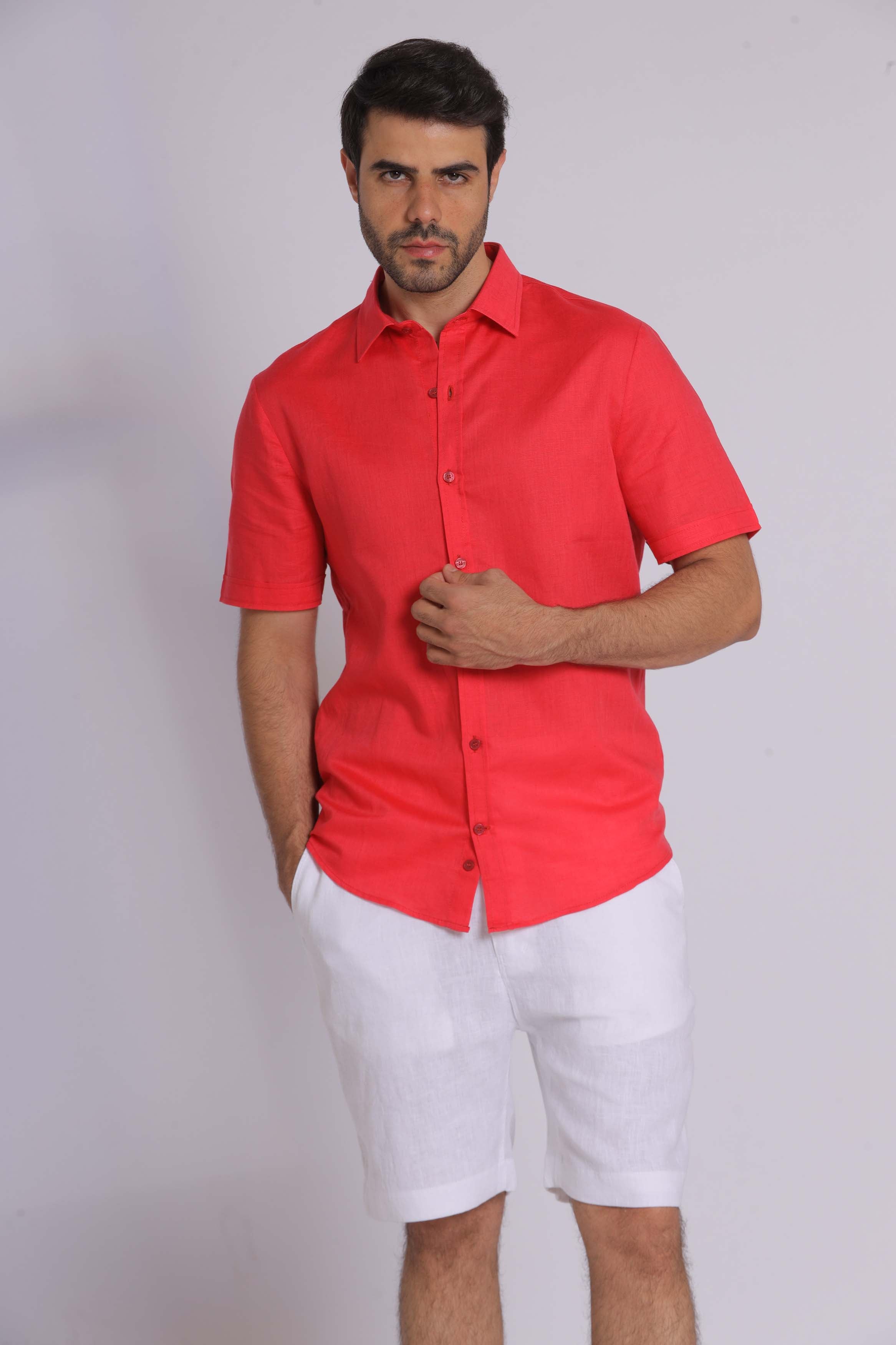 Red Linen Short Sleeved Shirt