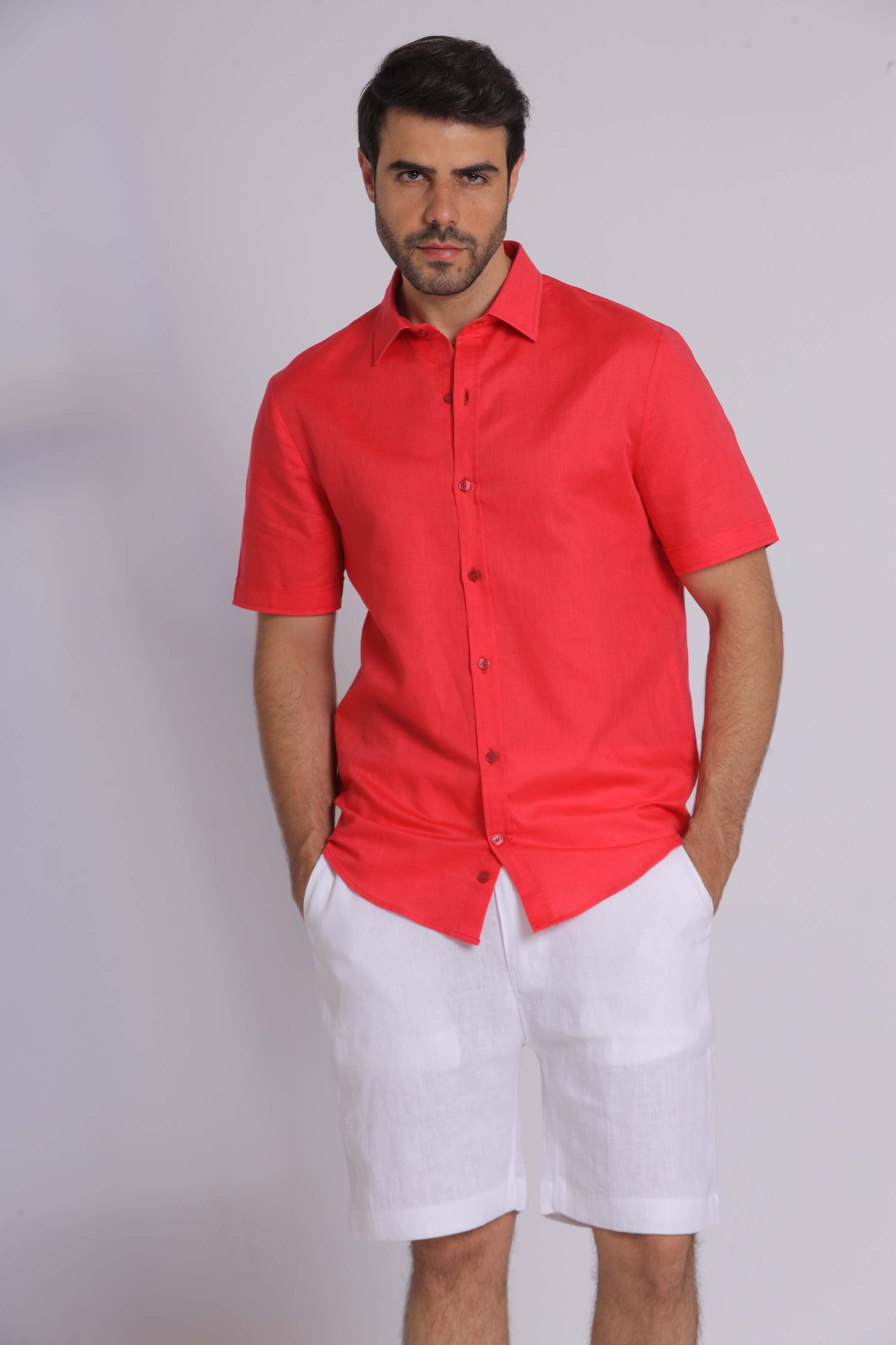 Red Linen Short Sleeved Shirt